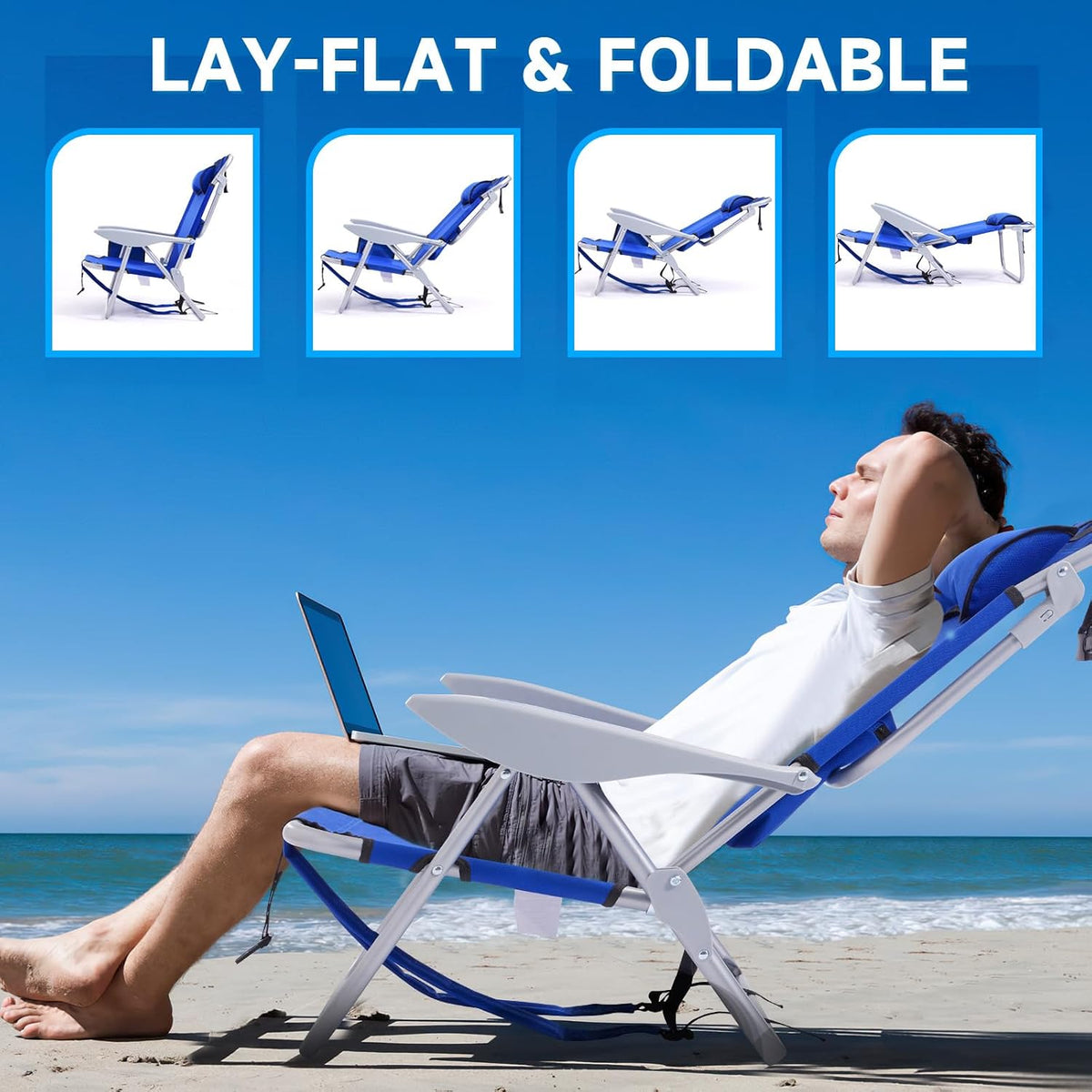 Portable Beach Chair for Adults, Outdoor Camping Chair Lay Flat Folding Backpack Beach Reclining Chair with 5 Positions, Headrest, Zipper Pouch, Cup Holder, Blue