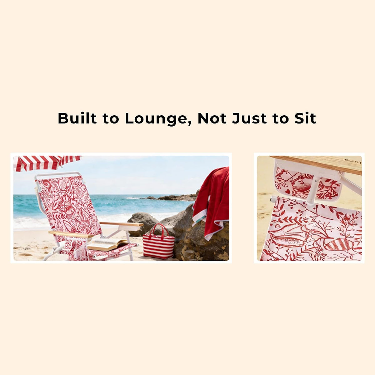 5-Position Low Beach Chair, Portable Lightweight Folding Beach Chair with Wooden Armrests, Storage Pouch & Carry Strap, Coastal Beach Print – Reef Crimson