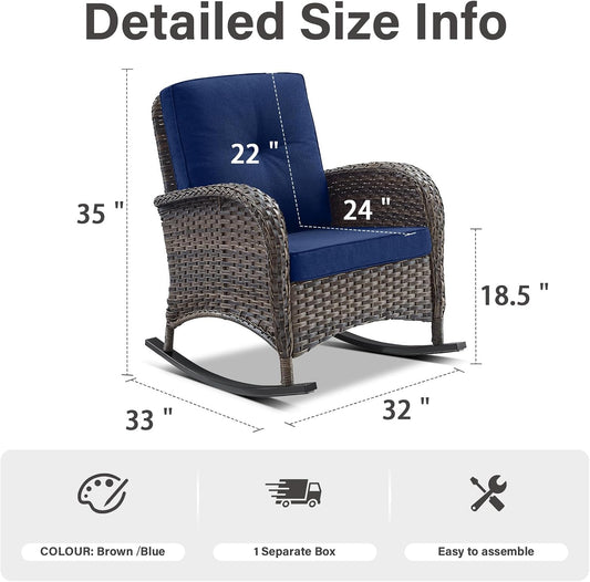 Belord Patio Rocking Chair Wicker Chair, 1 Piece Outdoor Rocking Chair Seating with Cushions for Porch Deck Balcony, Brown/Blue