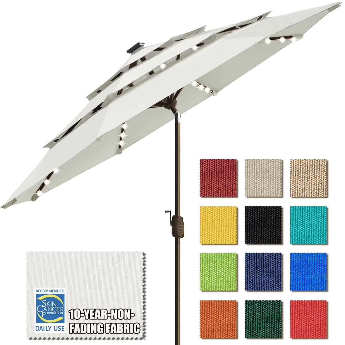 EliteShade USA 10-Year-Non-Fading 9ft 3-Tier Market Patio Umbrella, Commercial Table Umbrella with 80 Solar LED Lights, Crank Open, Windproof & UPF 50+ UV Protection for Garden, Deck, Pool, Backyard, Heather Beige
