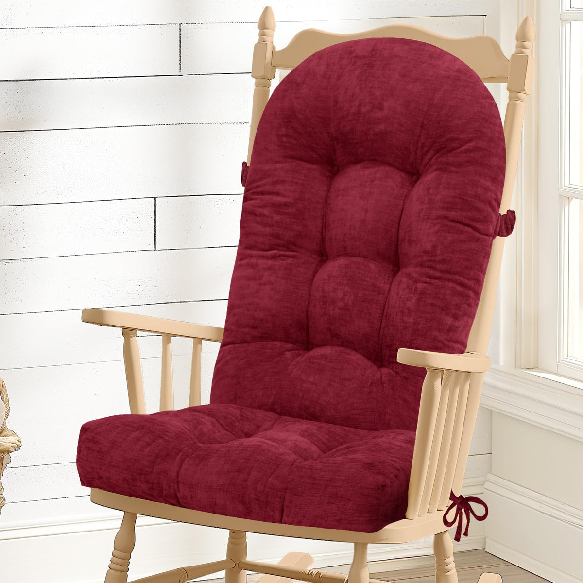 Rocking Chair Cushion - Soft Chenille Fabric Seat Pad with Tufted Design, Non-Slip Bottom and Secure Ties, for Glider, Adirondack and Indoor Rocker Chair, 44x19x4 Inch, Oyster White