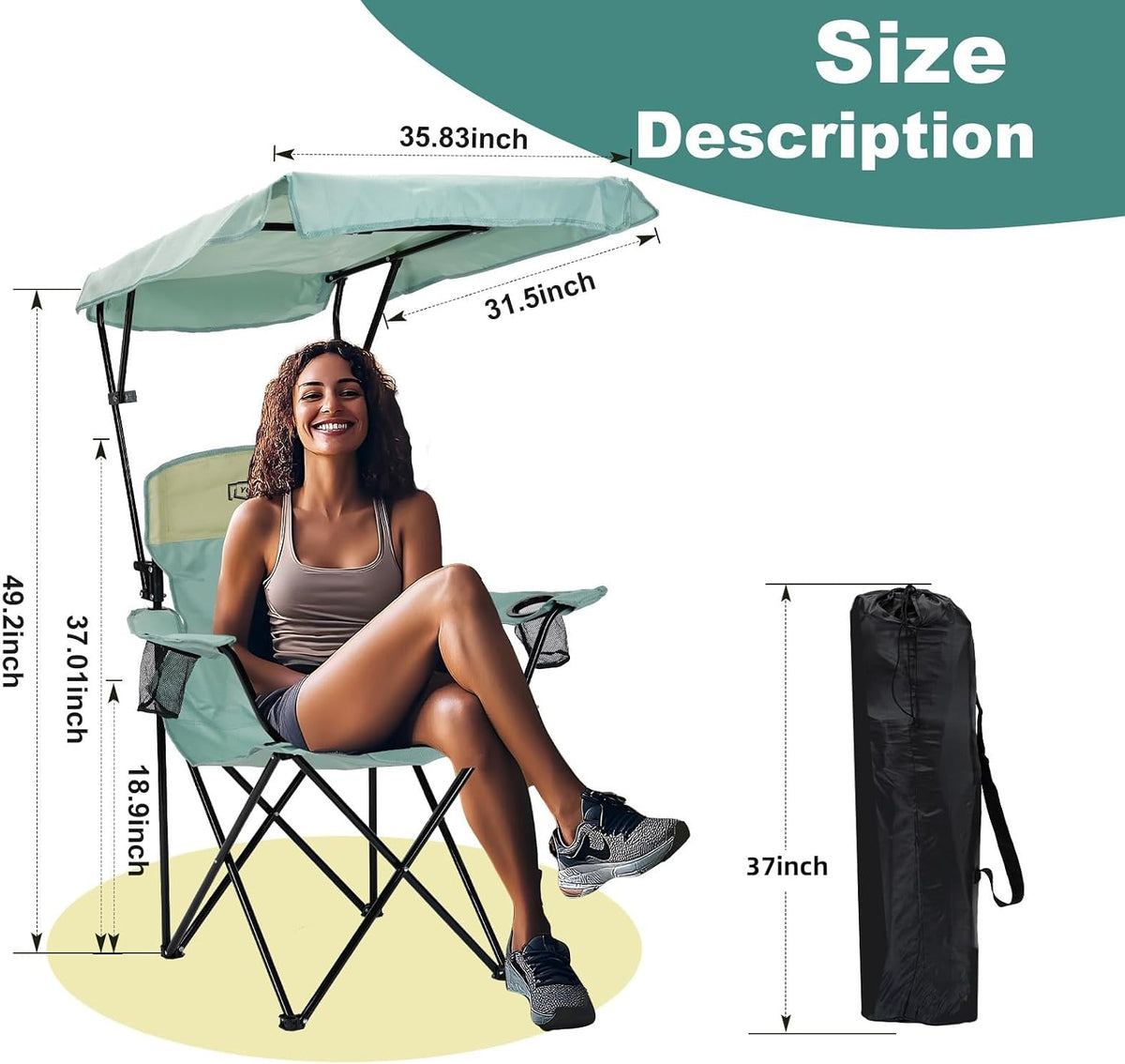 YOUNG WOOD Camping Chair with Canopy, Beach Chair with Shade,Portable,Lightweight Oversized for All, Easy to Open and Close Without Installation, Side Pocket Design for All Outdoor Activities，Blue