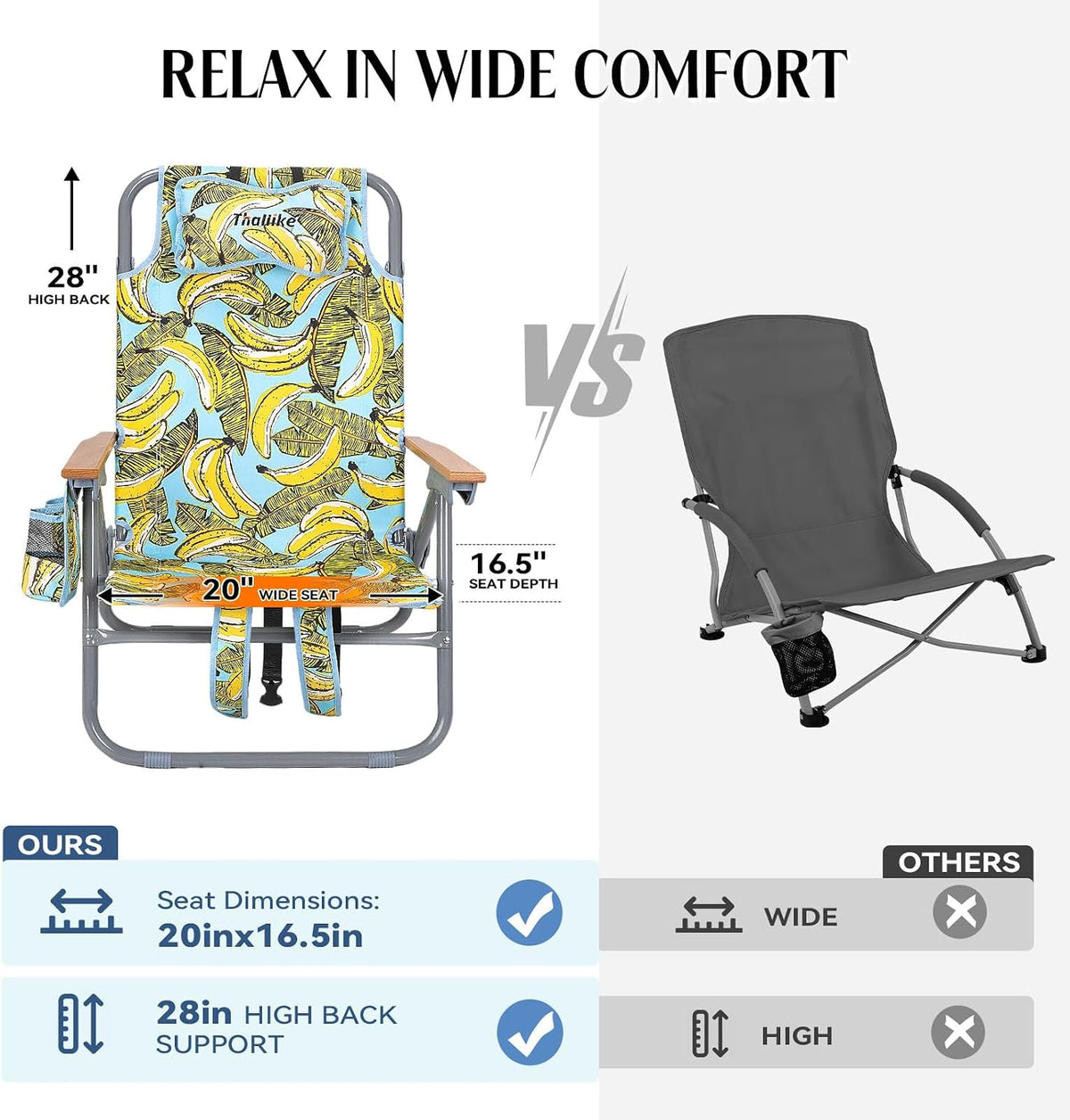 Backpack Beach Chair Wide Seat High Back Folding Camping Chair for Adults 5-Position Recline Supports 400lbs Portable Chair with Cup Holder Cooler Bag Storage Pouch for Outdoor Lawn Picnic