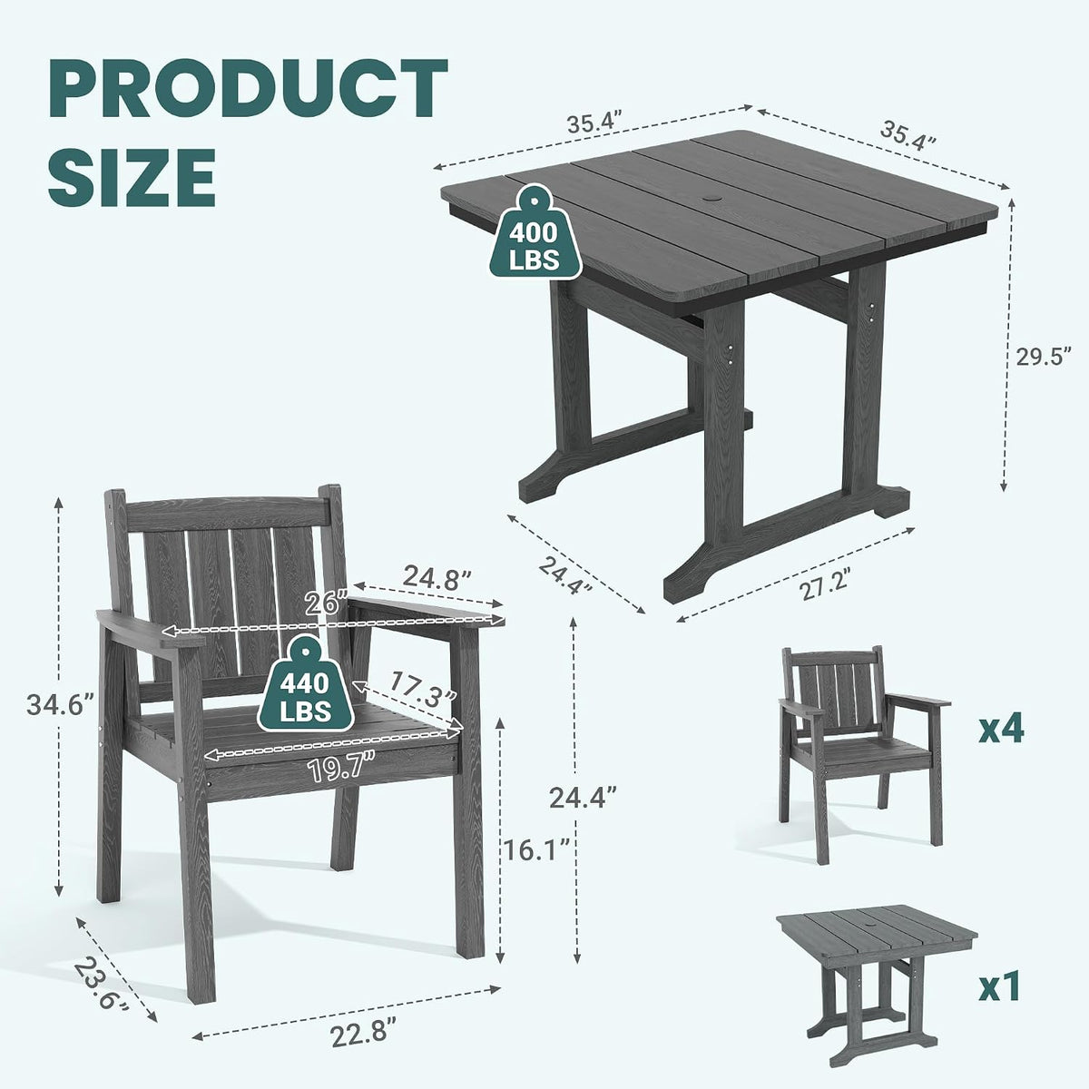 Pamapic Patio Dining Table Set, 5-Piece Outdoor Dining Set for 4, Grey