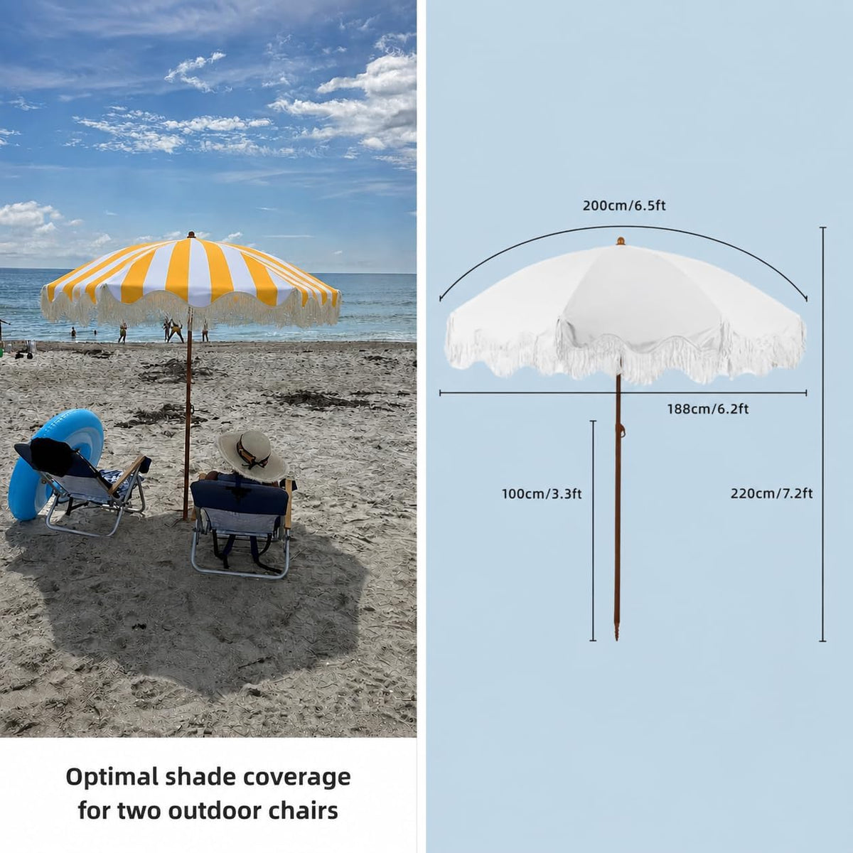 Rayjee 6.5FT Outdoor Patio Umbrella with Fringe, Boho Beach Umbrella