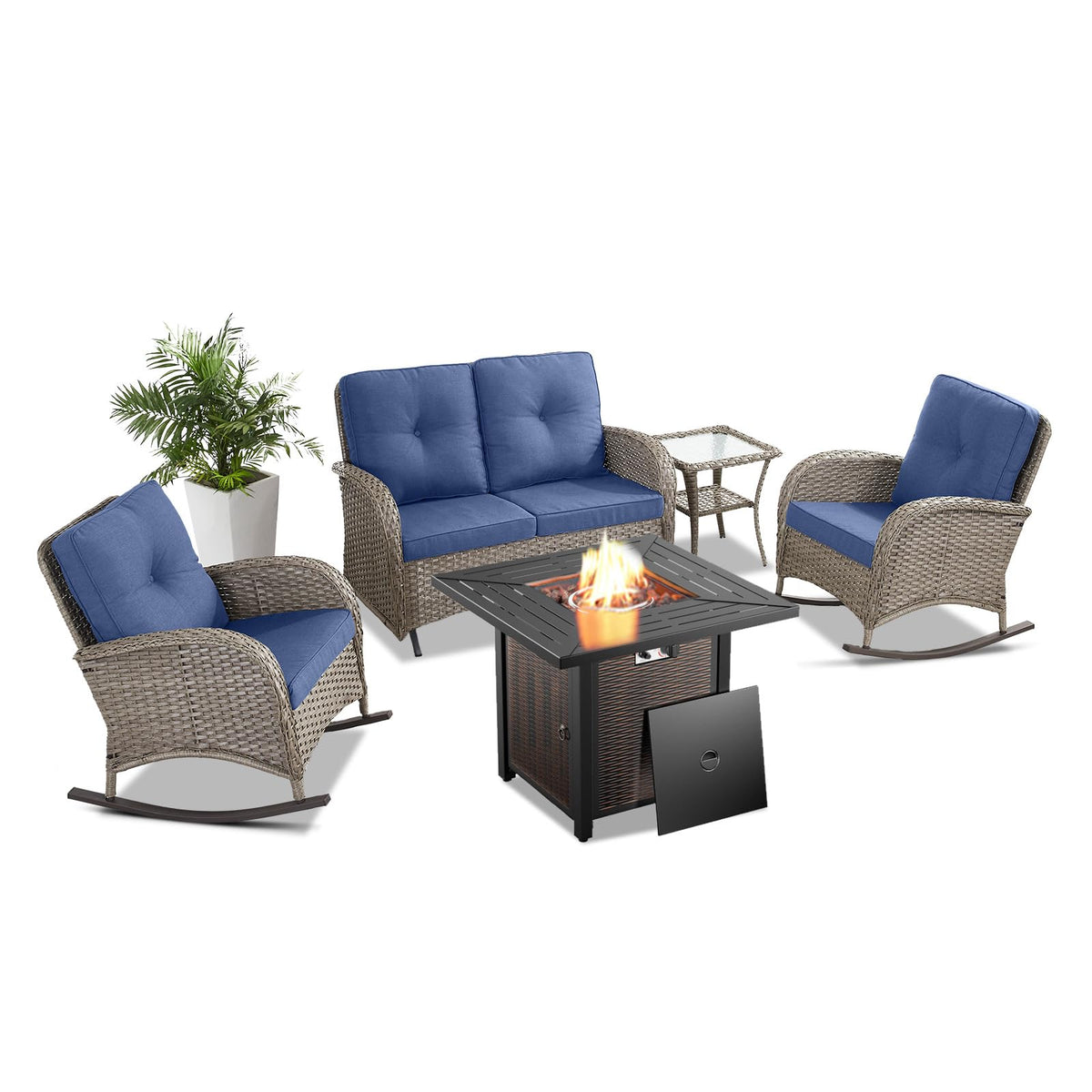 Belord Patio Rocking Chair Wicker Chair, 1 Piece Outdoor Rocking Chair Seating with Cushions for Porch Deck Balcony, Brown/Blue