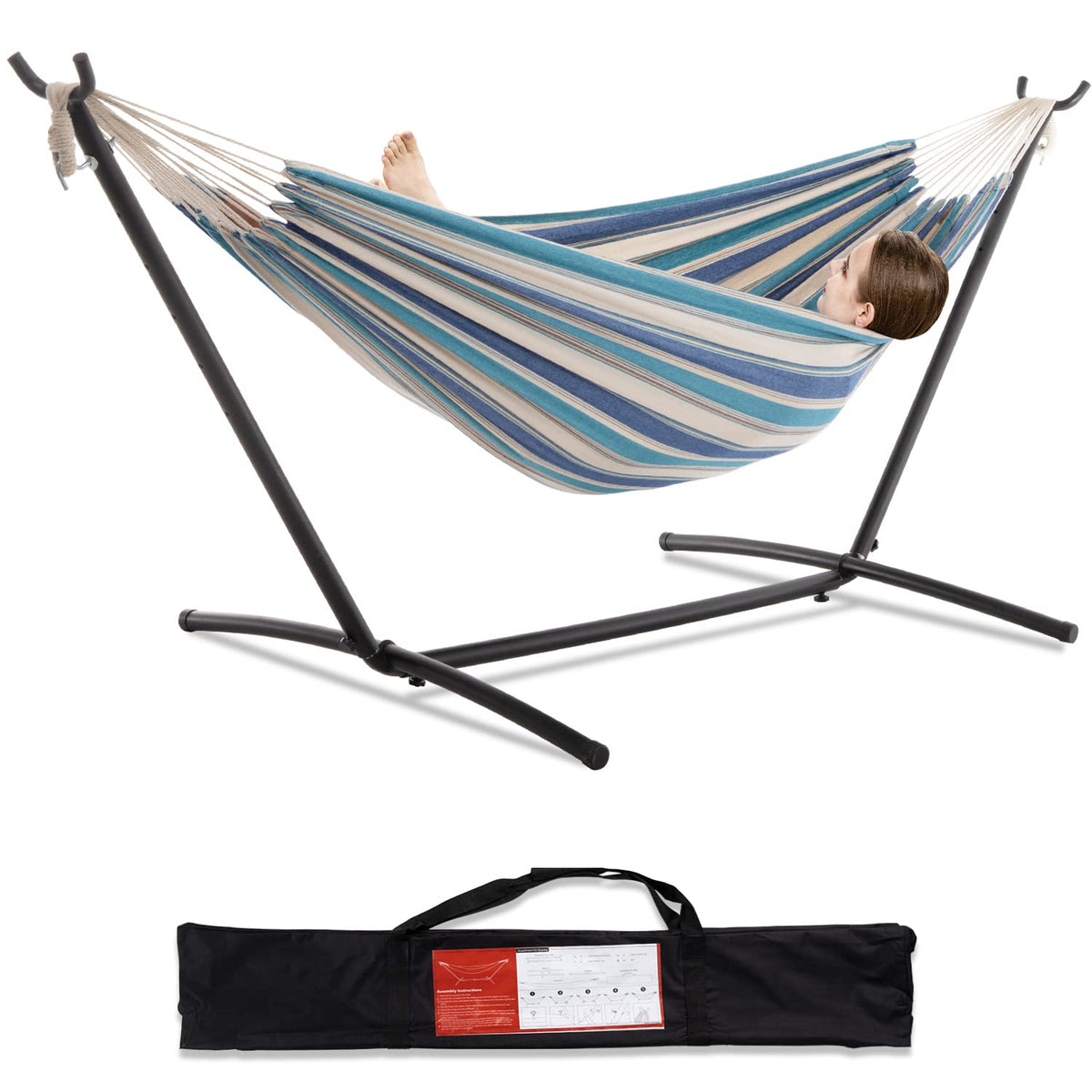 PNAEUT Double Hammock with Stand for Outside, Heavy-Duty, Portable (Coffee)