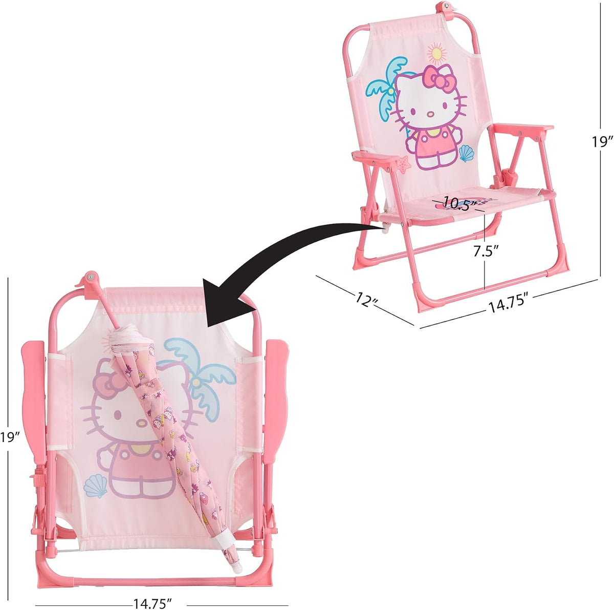 Sanrio Hello Kitty Kids Outdoor Folding Beach Chair with Umbrella,Portable Camp Chair for Ages 3+, Lightweight & Compact for Beach, Camping, and Backyard