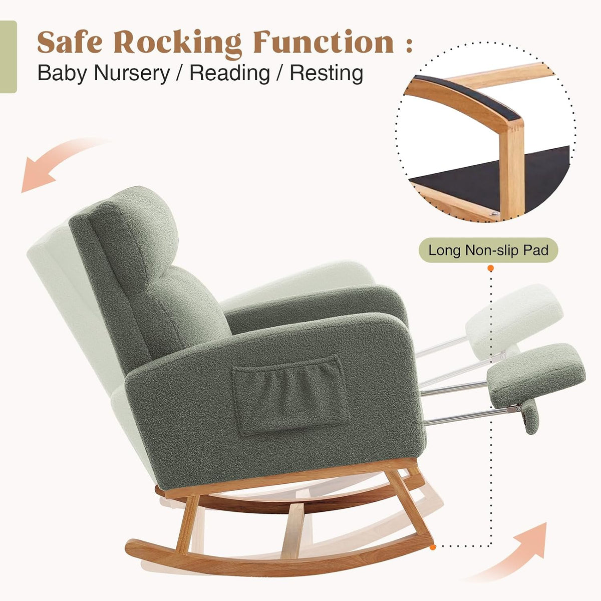 HCHAIRH Rocking Chair Nursery with Foot Rest, Nursing Rocking Chairs for Mom Nursery, Teddy Rocker Glider with High Backrest for Living Room, Bedroom, Teddy Green