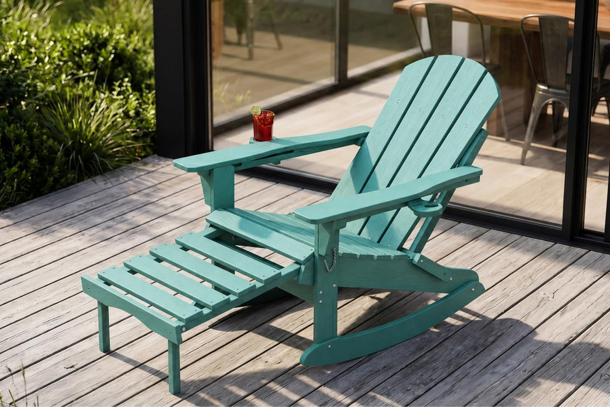 All-Weather HDPE Adirondack Rocking Chair, Heavy Duty Folding Porch Rocker with Curved High Back & Armrest, Comfortable Outdoor Lounge Chair for Backyard Patio Deck Garden, Aruba Blue
