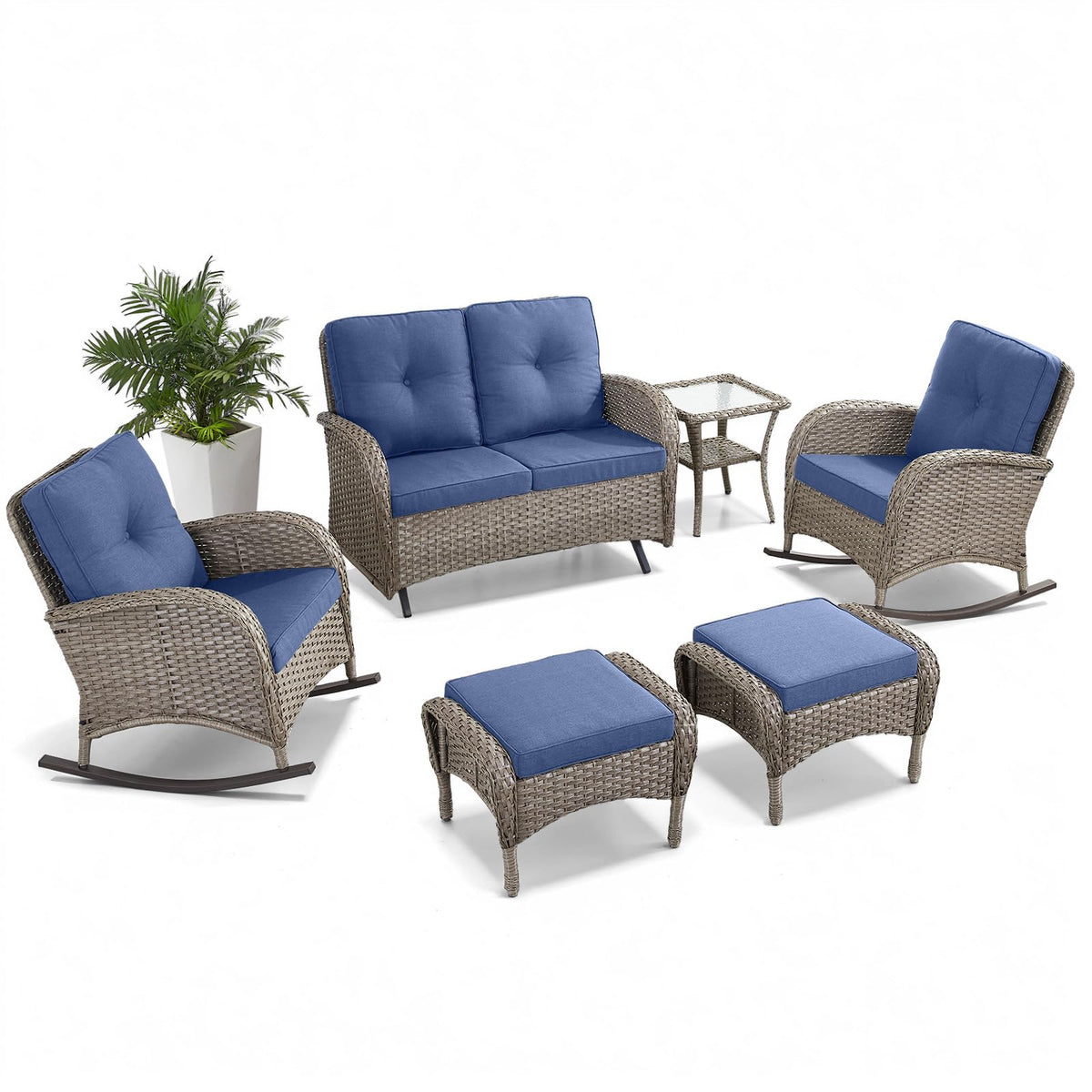 Belord Patio Rocking Chair Wicker Chair, 1 Piece Outdoor Rocking Chair Seating with Cushions for Porch Deck Balcony, Brown/Blue