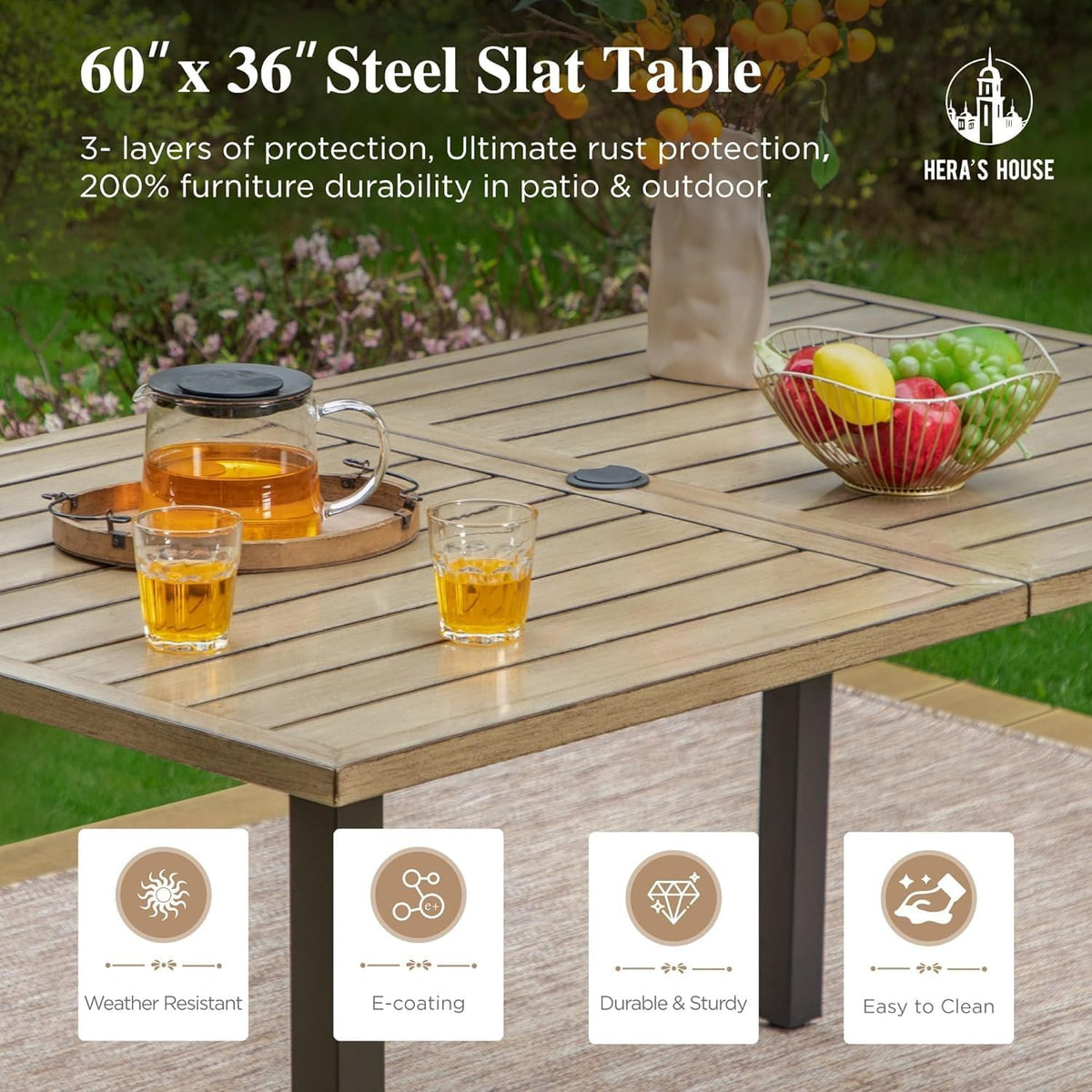 HERA'S HOUSE Outdoor Dining Table for 6, Brown Metal Table w/Umbrella Hole