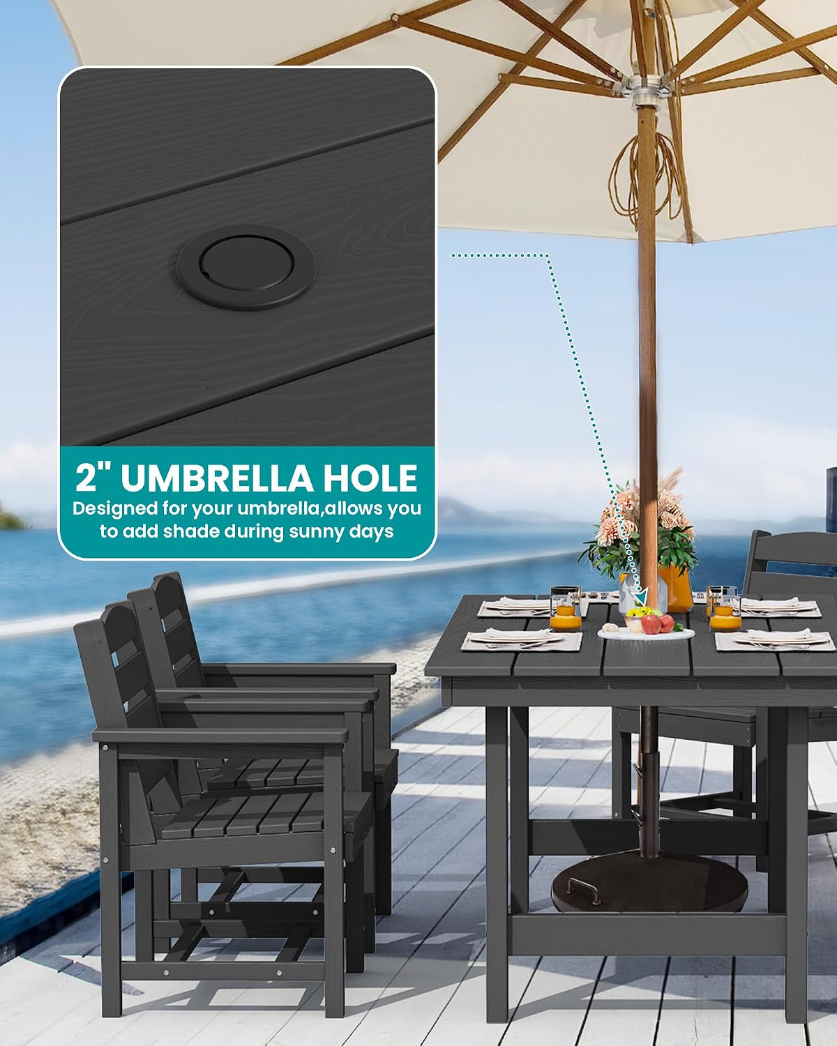 SERWALL 7 Pcs Outdoor Dining Set, 67" HDPE Dining Set for 6, Black