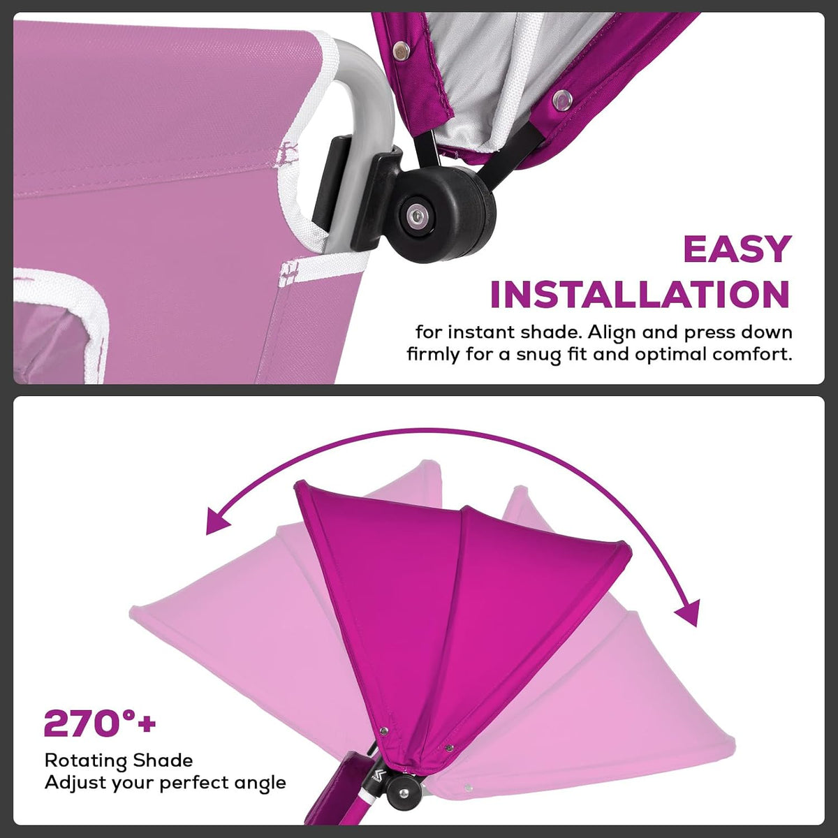 Romswi 1PK Folding Tanning Beach Chair with Face Hole & Canopy Shade, 5-Position Reclining Sun Lounger, Portable Face Down Tanning Chair with Arm Holes & Side Pocket for Beach, Pool & Patio, Neon Pink