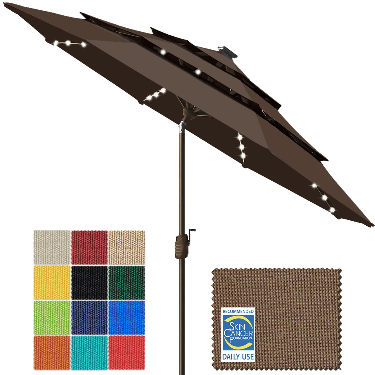 EliteShade USA 10-Year-Non-Fading 9ft 3-Tier Market Patio Umbrella, Commercial Table Umbrella with 80 Solar LED Lights, Crank Open, Windproof & UPF 50+ UV Protection for Garden, Deck, Pool, Backyard, Heather Beige