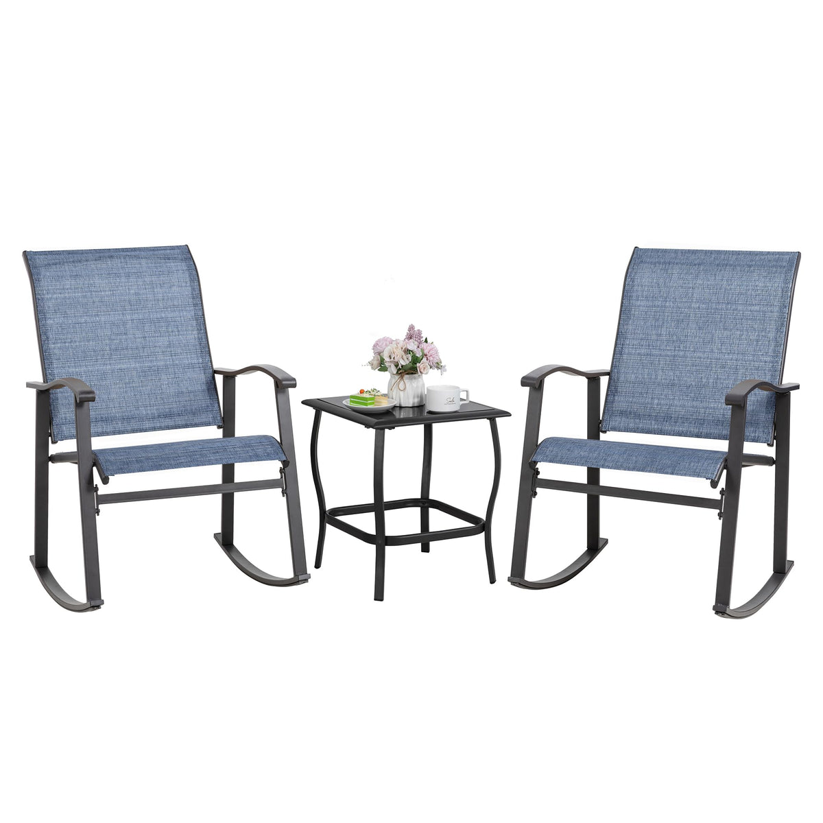 Shintenchi Rocking Chair Outdoor with Table, 3 Piece Rocking Patio Bistro Set, Outdoor Furniture Set with Metal Frame and Textilene Fabric for Small Space, Brown