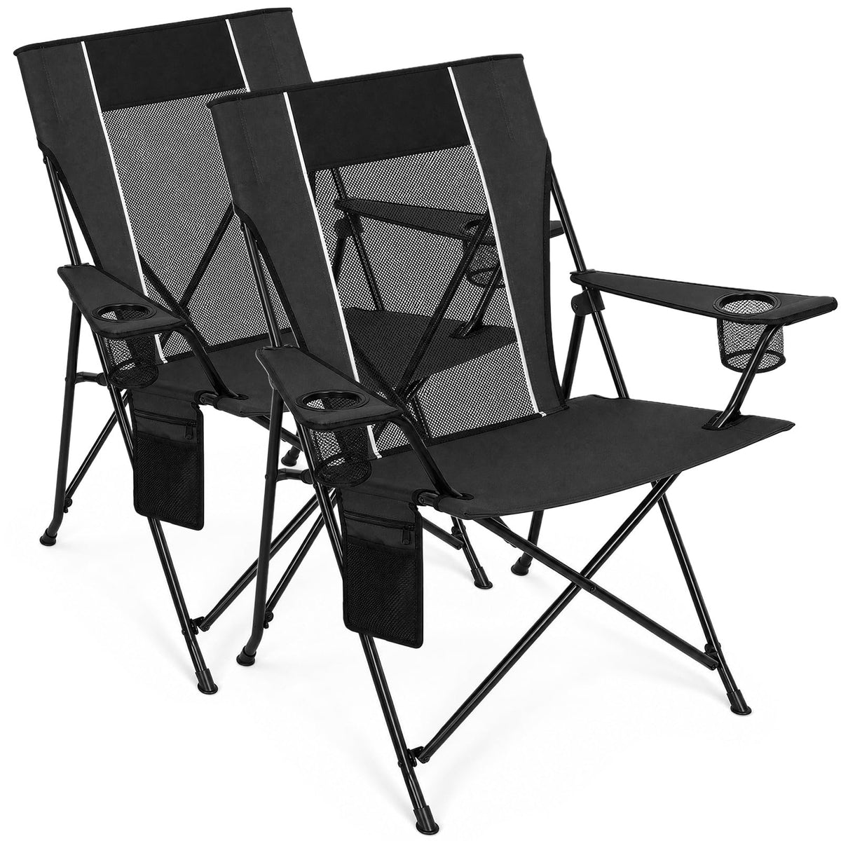 Camping Chairs for Adults 2 Pack, Folding Chair with 4-Can Cooler Bag & Cup Holder, Portable Heavy Duty Outdoor Chair with Mesh Back for Camping, Beach, Lawn, Fishing, Blue
