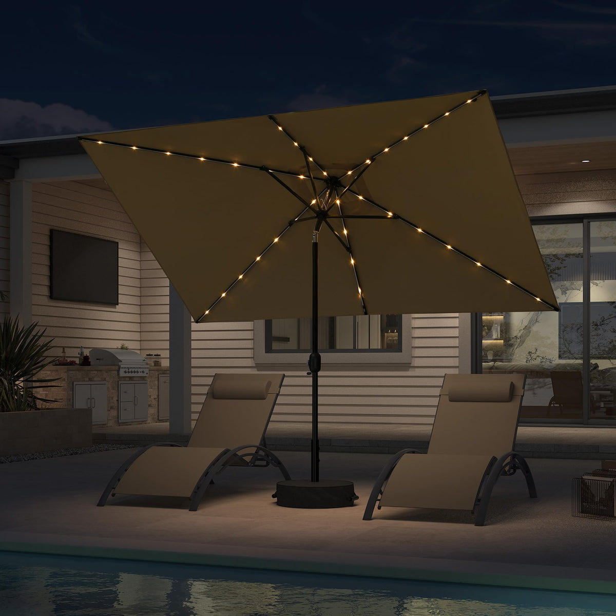 PURPLE LEAF Pool Market Umbrella with Base 9' UV Protection Outdoor, Beige