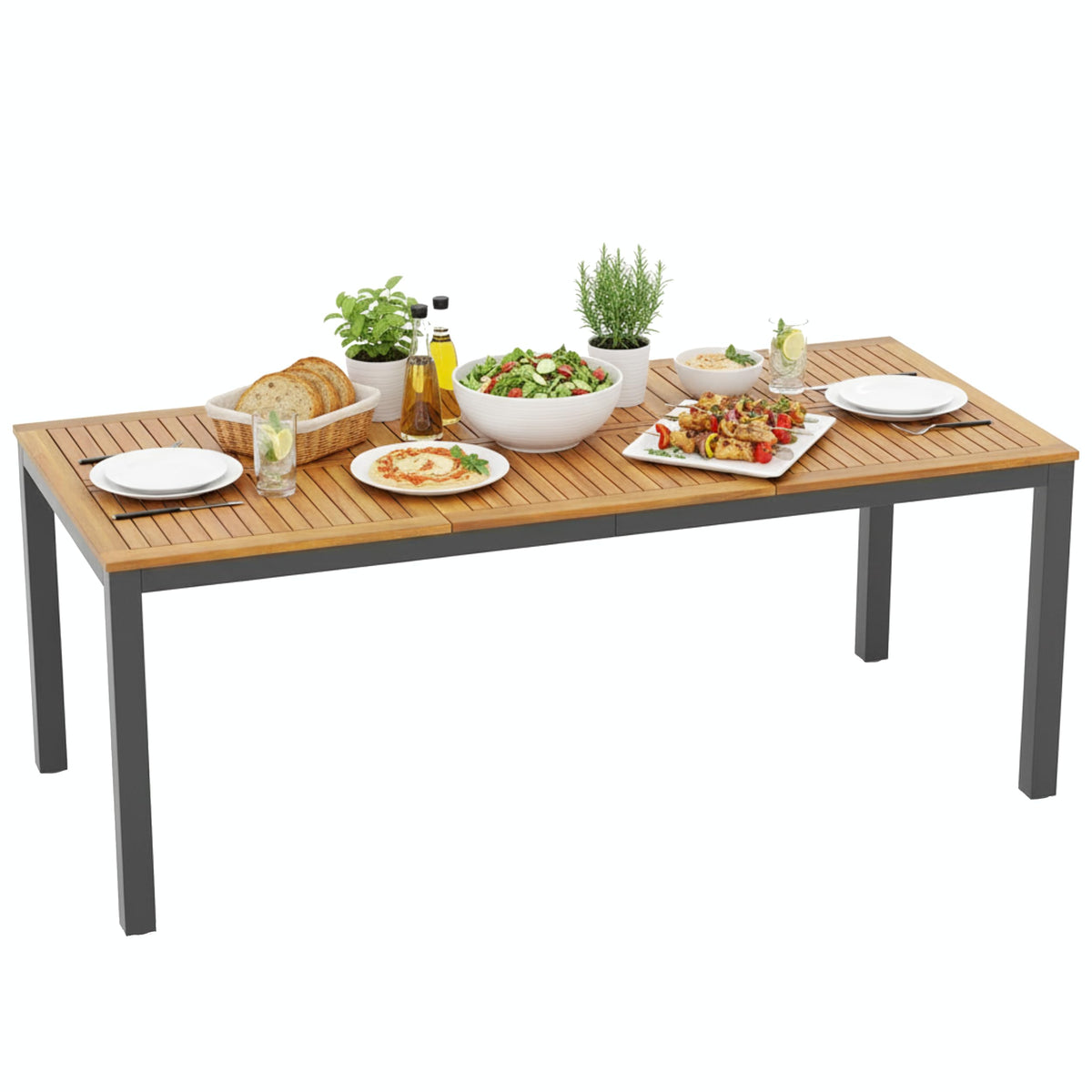Tangkula 79" Acacia Wood Outdoor Dining Table for 8, Patio Table with Umbrella Hole, Metal Legs & Adjustable Foot Pads, Rectangular 8-Person Outside Table for Garden, Poolside & Backyard