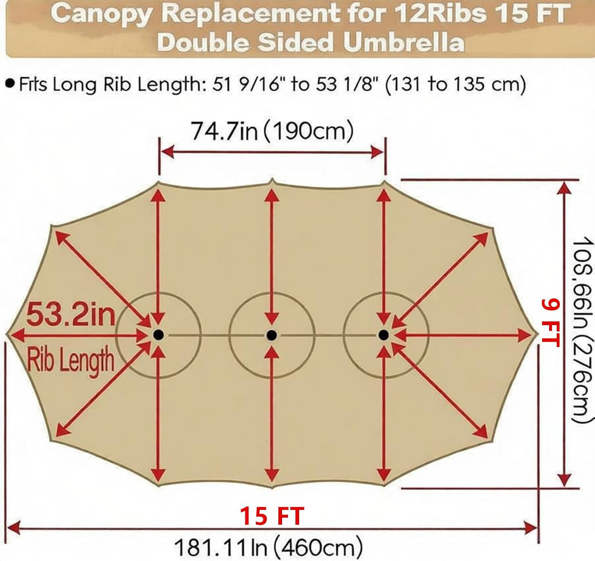 15ft Patio Umbrella Replacement Canopy for 12 Ribs, Large Outdoor Umbrella Top Cover Only,Double-Sided Fabric for Market Umbrellas, Sombrillas de Patio Repuesto (Frame NOT Included),khaki