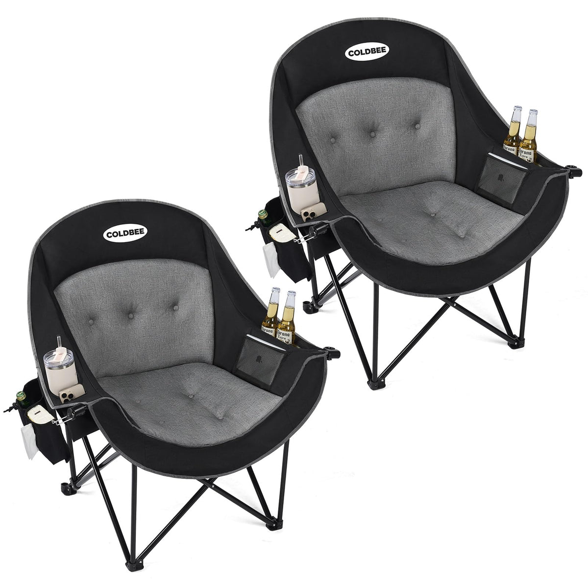 Coldbee Oversized Camping Chairs, Heavy Duty Padded, Thick Headrest, Black