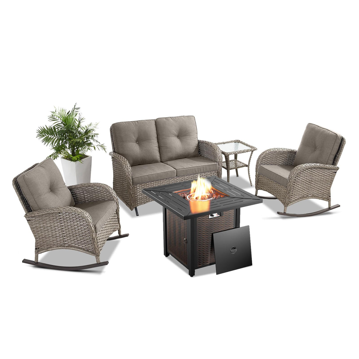 Belord Patio Rocking Chair Wicker Chair, 1 Piece Outdoor Rocking Chair Seating with Cushions for Porch Deck Balcony, Brown/Blue