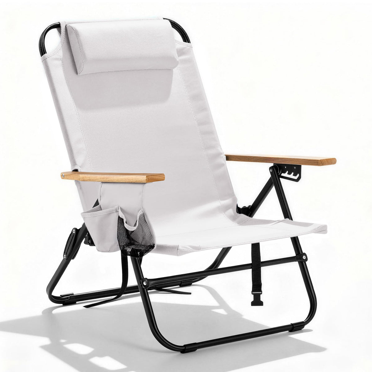 Premium Portable Camping Chair 5-Position Recliner Beach Folding Lightweight Outdoor Chair with Wooden Armrests, Headrest, Multi-Pockets Heavy Duty 350lbs, for Patio, Backyard, Brown