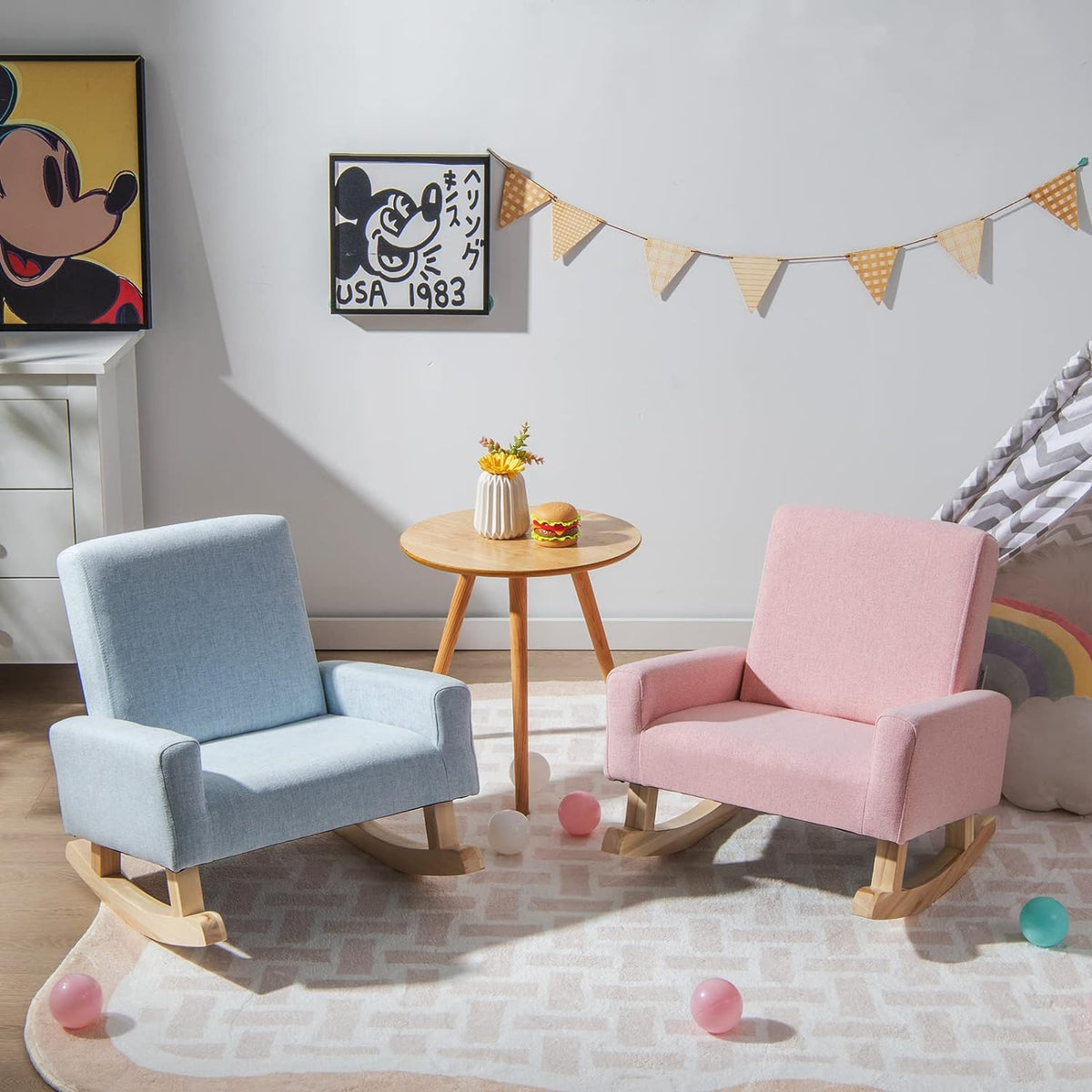 Costzon Kids Sofa, Toddler Rocking Chair with Solid Wood Frame, Linen Fabric, Anti-Tipping Design, Children Furniture Armchair for Kids Room, Nursery, Playroom, Preschool, Gift for Boys Girls (Pink)