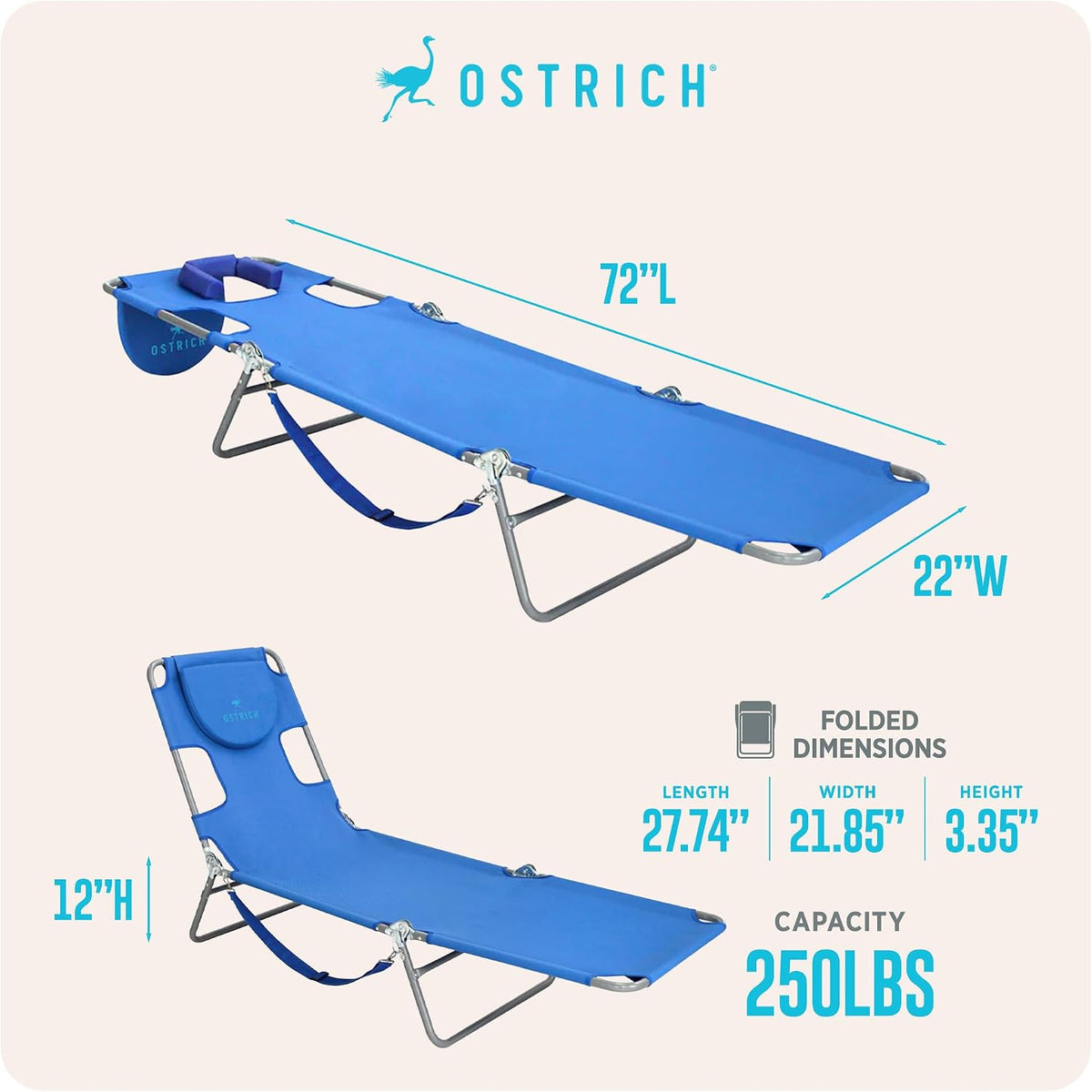 Ostrich The Original Chaise Lounge 72"x22" Portable Reclining Lounger, Blue