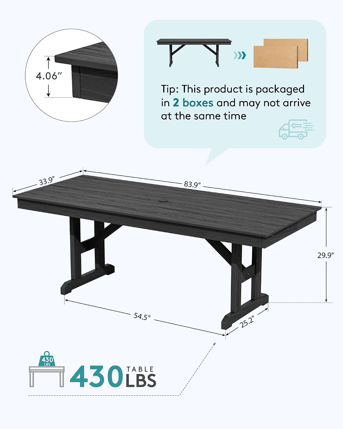 SERWALL Outdoor 84" HDPE Rectangular Dining Table for 6-8,All-Weather,Black