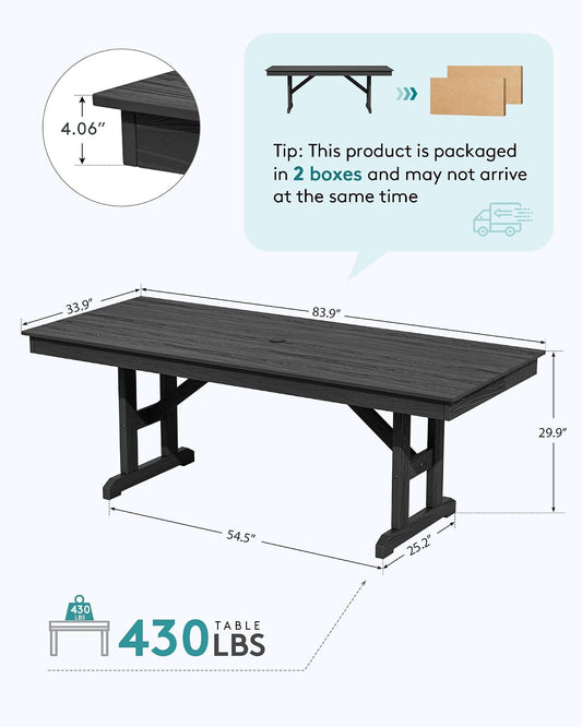 SERWALL Outdoor 84" HDPE Rectangular Dining Table for 6-8,All-Weather,Black