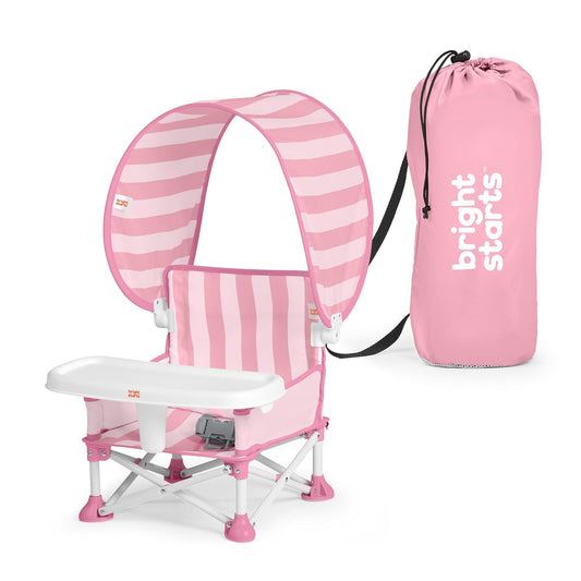 Bright Starts Pop 'N Sit Cabana Baby Beach Portable Booster Chair with UPF Canopy, Floor Seat for Indoor/Outdoor Use, Compact Fold, Pink, 6 Months–3 Years