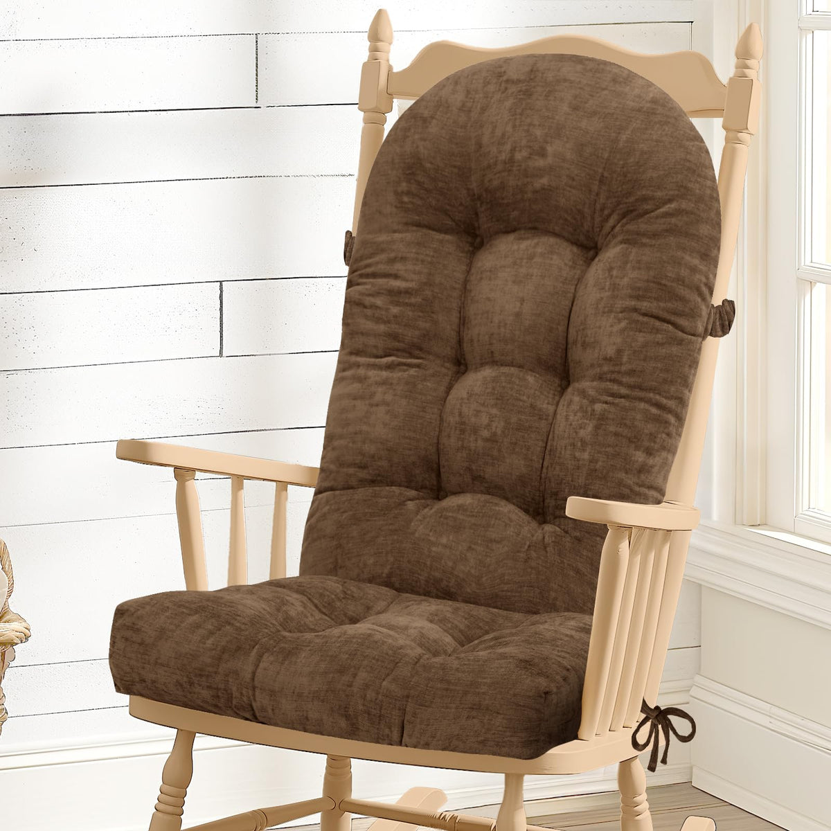 Rocking Chair Cushion - Soft Chenille Fabric Seat Pad with Tufted Design, Non-Slip Bottom and Secure Ties, for Glider, Adirondack and Indoor Rocker Chair, 44x19x4 Inch, Oyster White