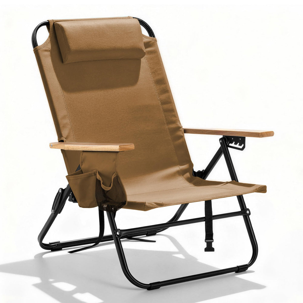 Premium Portable Camping Chair 5-Position Recliner Beach Folding Lightweight Outdoor Chair with Wooden Armrests, Headrest, Multi-Pockets Heavy Duty 350lbs, for Patio, Backyard, Brown