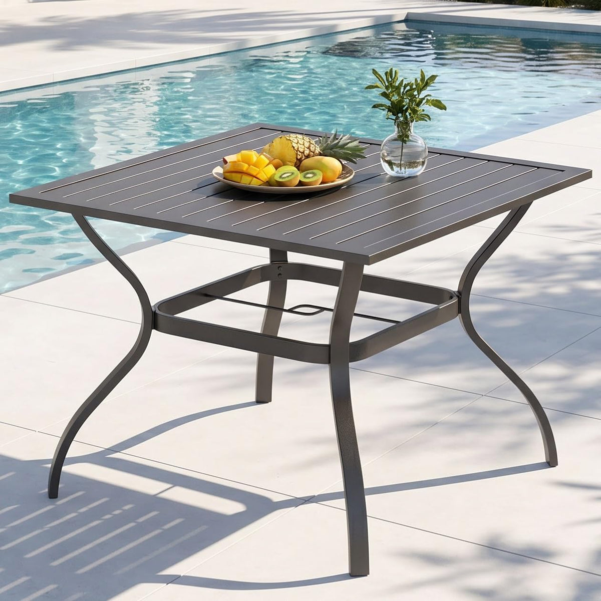 PHI VILLA Patio Table w/Umbrella Hole, Black Metal Dining Table for 4