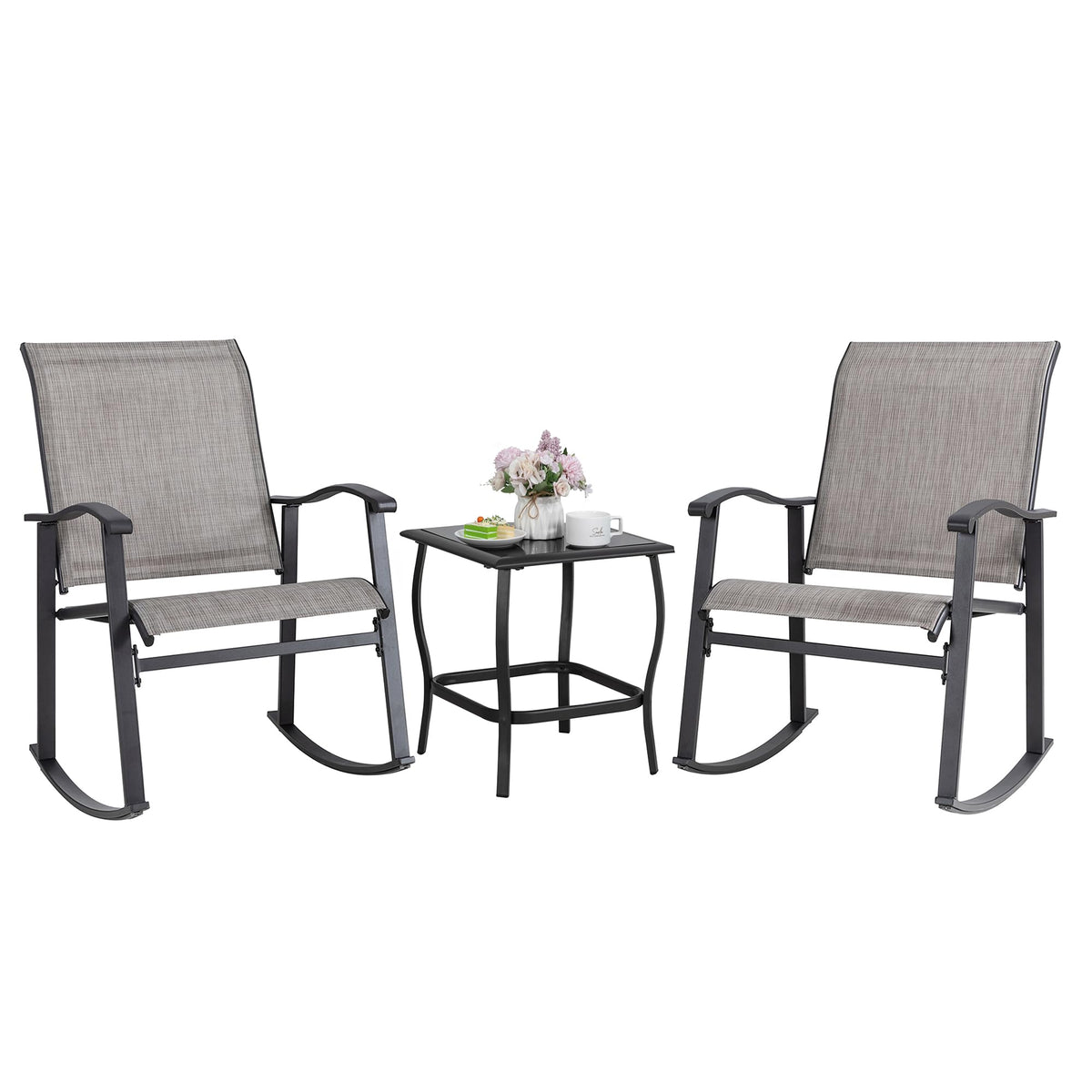 Shintenchi Rocking Chair Outdoor with Table, 3 Piece Rocking Patio Bistro Set, Outdoor Furniture Set with Metal Frame and Textilene Fabric for Small Space, Brown