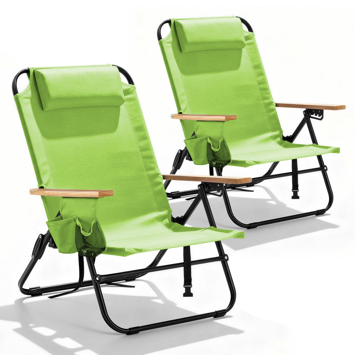 2 Pack Premium 5-Position Reclining Camping Chair - Portable Folding Lightweight Outdoor Chair with Wooden Armrests, Headrest & Pockets, 350lbs Heavy Duty for Beach, Patio, Backyard, Black