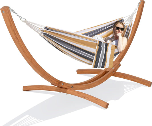 SUNCREAT Freestanding Hammock with 10 ft Wooden Stand Included, Coffee