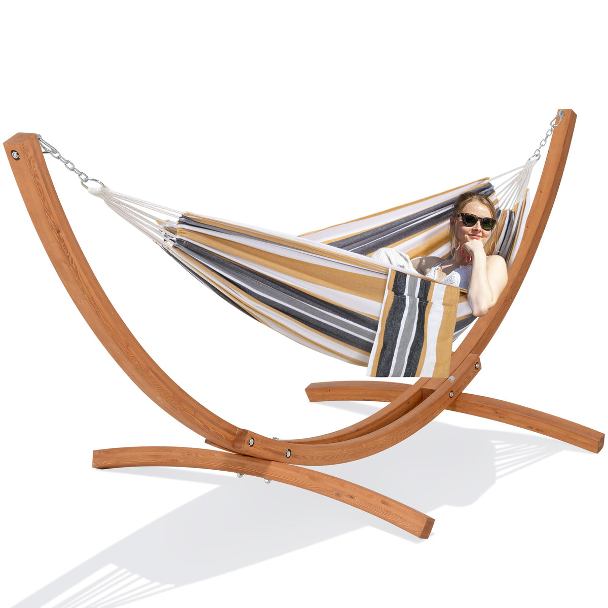 SUNCREAT Freestanding Hammock with 10 ft Wooden Stand Included, Coffee