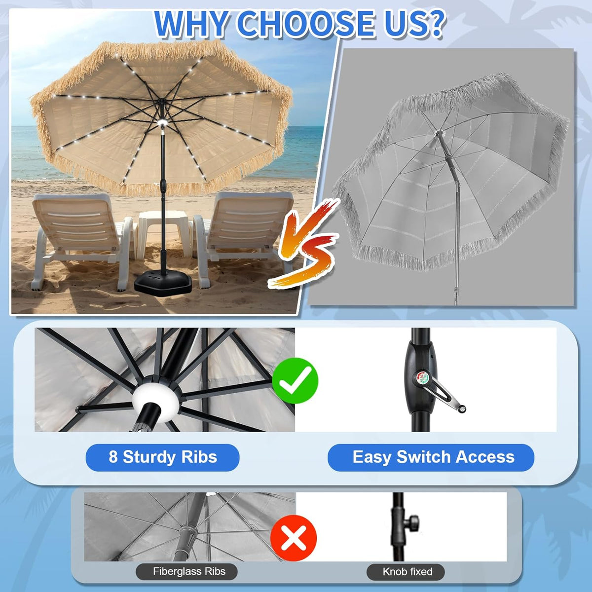 9FT Solar Tiki Thatched Umbrella With 32 LED+1 Centre Lights for Outdoor
