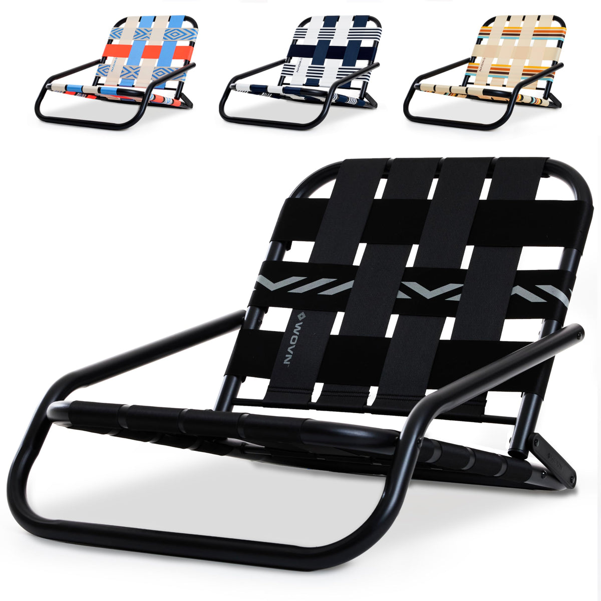 WOVN Low Beach Chairs - Premium Folding Beach Chair for Adults - Low Profile, Super Lightweight with Portable Shoulder Strap - Great for Sand and Lawn - Lido