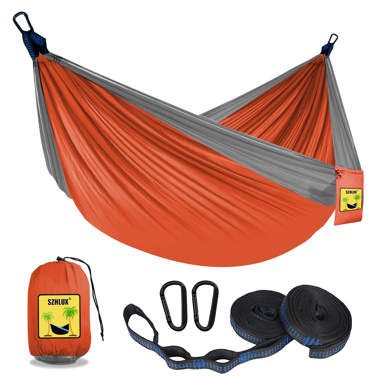 SZHLUX Camping Hammock Double & Single Portable Hammocks with 2 Tree Straps and Attached Carry Bag,Great for Outdoor,Indoor,Beach,Camping,Light Grey / Sky Blue