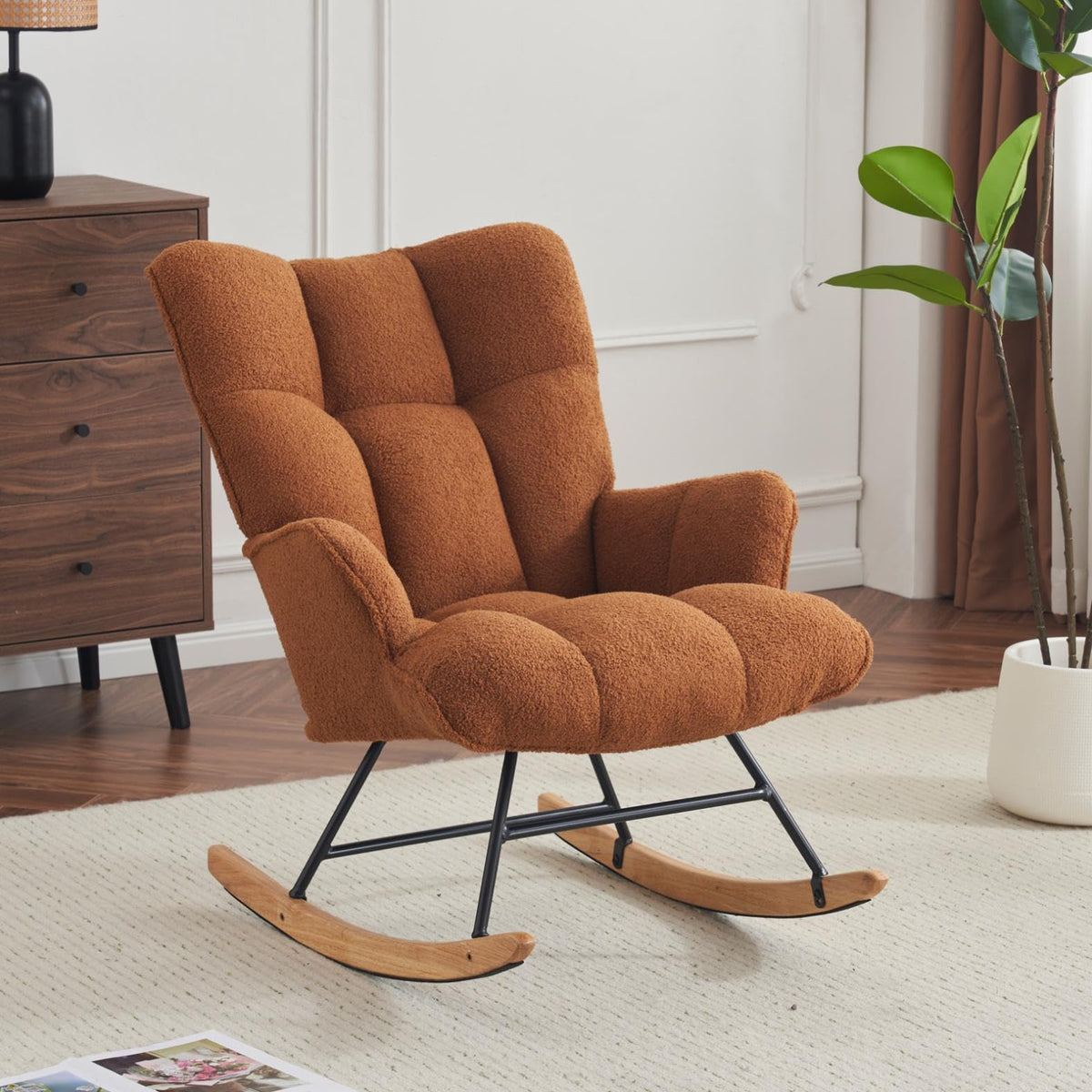 SAETSFEG Rocking Chair Nursery Teddy Upholstered Glider Rocker Rocking Accent Chair Padded Seat with High Backrest Armchair Comfy Side Chair for Living Room Bedroom Offices (Grey Teddy)