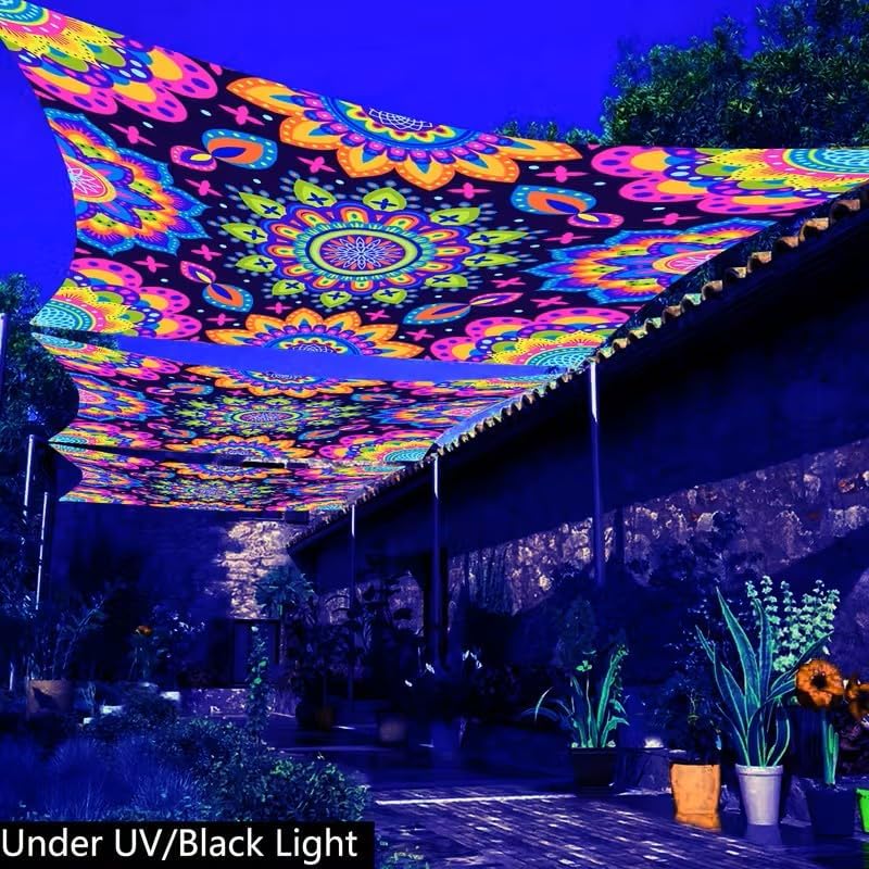 Miytal Blacklight Outdoor Sunshade Sail – 6' × 6' UV Reactive Mandala Canopy, Glow in the Dark Neon Tie-Dye Patio Shade Cloth for Garden, Backyard, Deck & Party Decor