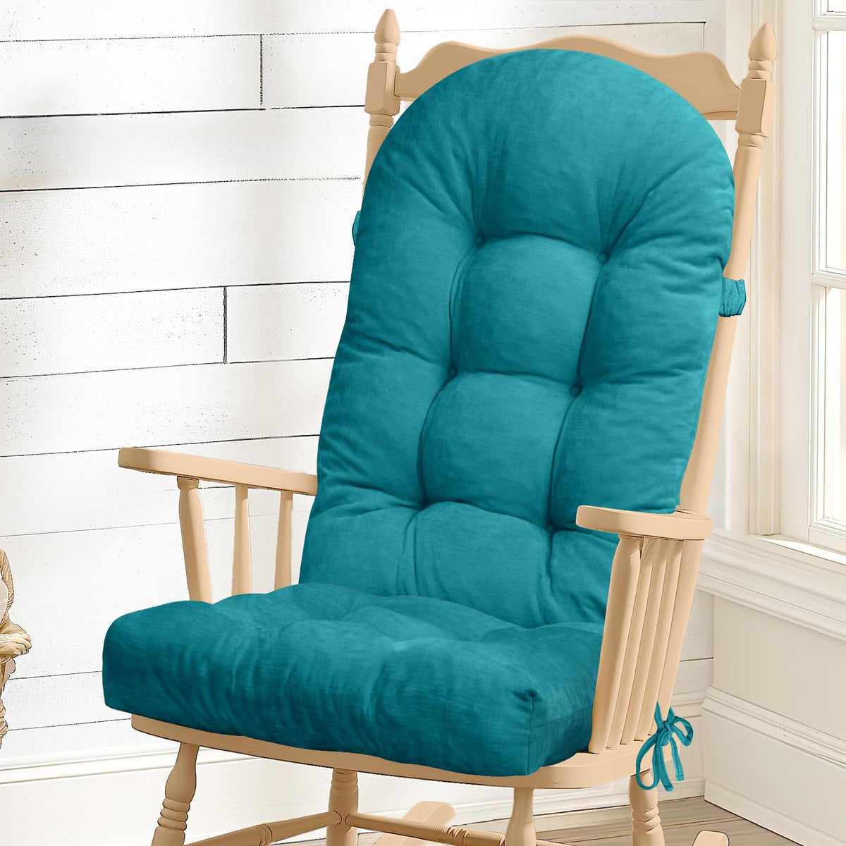 Rocking Chair Cushion - Soft Chenille Fabric Seat Pad with Tufted Design, Non-Slip Bottom and Secure Ties, for Glider, Adirondack and Indoor Rocker Chair, 44x19x4 Inch, Oyster White