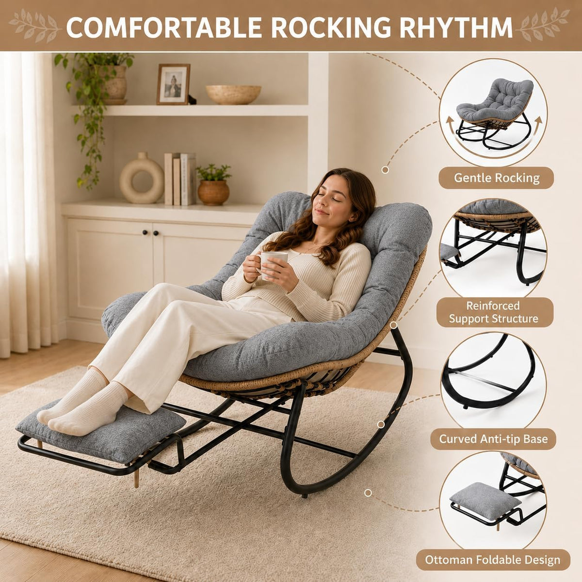 Oversized Rocking Chair with Zero-Gravity Foot Rest & Ottoman, Comfy Lounge Chair for Patio, Porch, Balcony, Indoor Reading Nook, Big Cozy Chaise Chair for Outdoor & Home Use, Grey