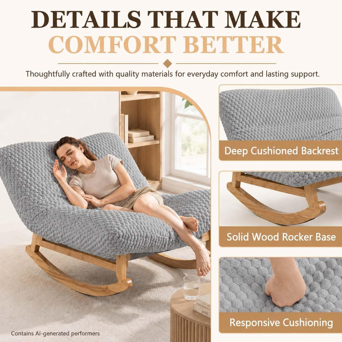 Oversized Rocking Chair Indoor with Corduroy Cushion (Light Grey)