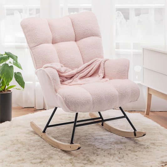 SAETSFEG Rocking Chair Nursery Teddy Upholstered Glider Rocker Rocking Accent Chair Padded Seat with High Backrest Armchair Comfy Side Chair for Living Room Bedroom Offices (Pink Teddy)