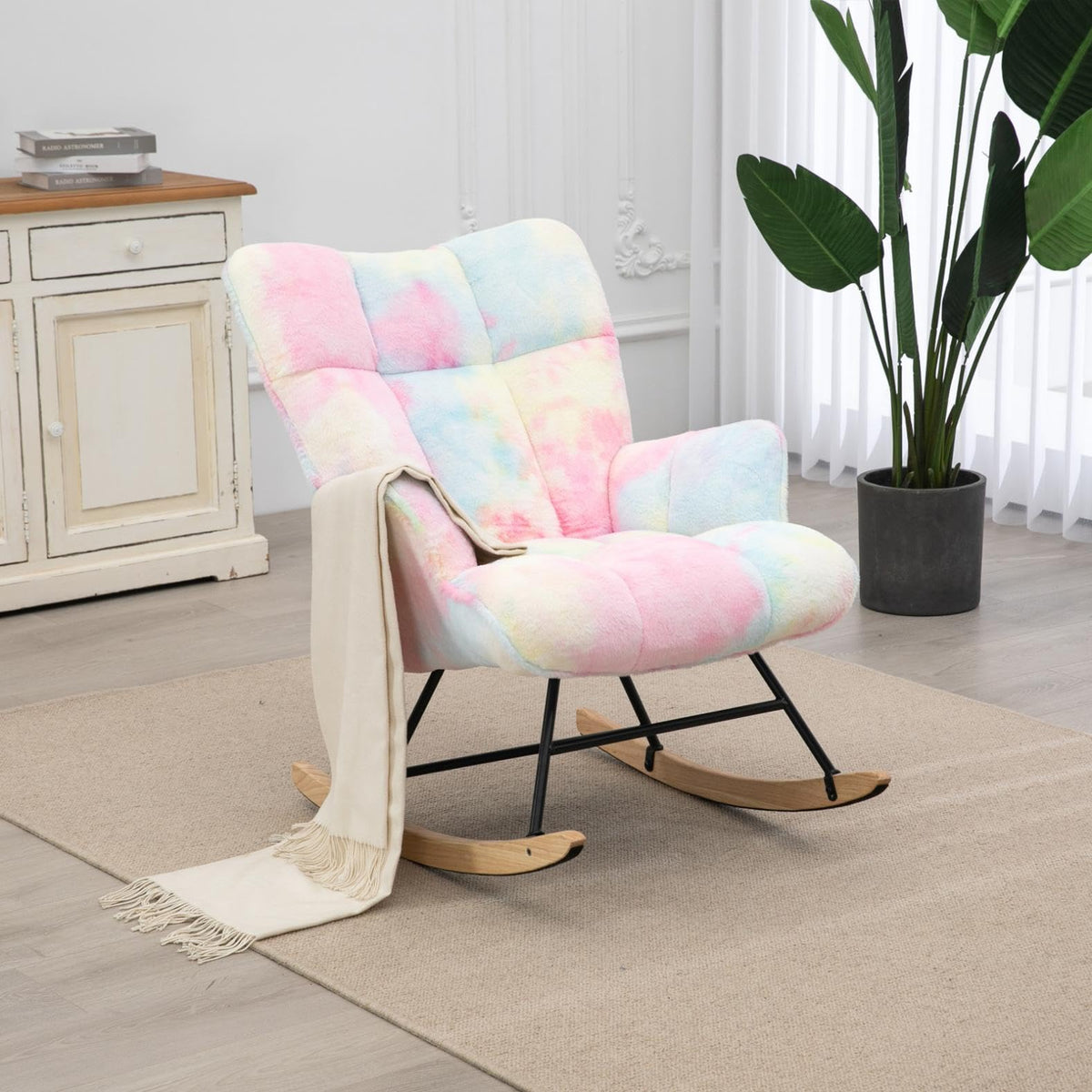 SAETSFEG Rocking Chair Nursery Teddy Upholstered Glider Rocker Rocking Accent Chair Padded Seat with High Backrest Armchair Comfy Side Chair for Living Room Bedroom Offices (Ivory Teddy)