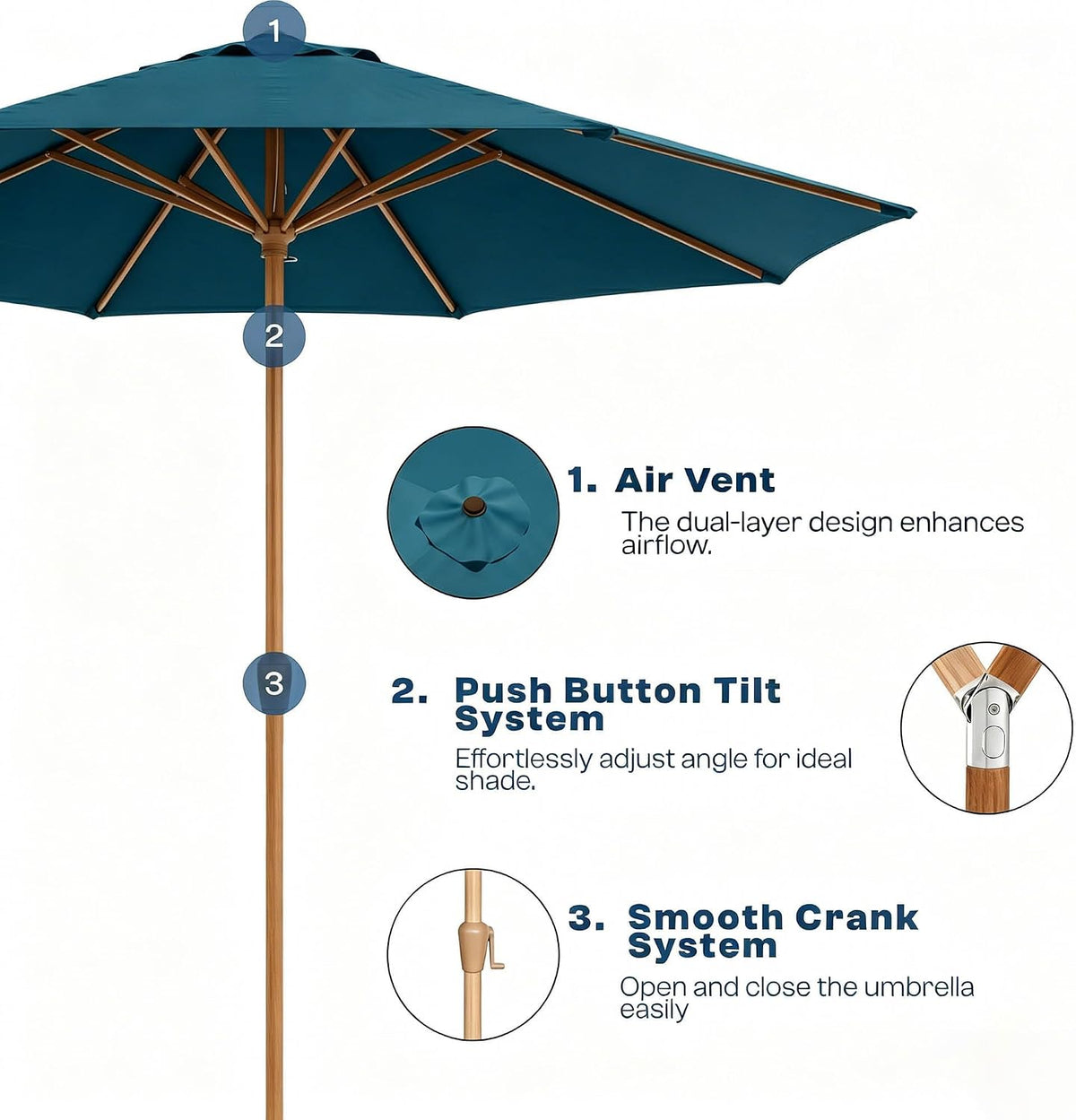 9ft Outdoor Patio Umbrella, Market Table Umbrella with Crank and Easy Push Button Tilt, Wood Grain Frame, UPF 50+ for Pool, Garden, Deck, Backyard